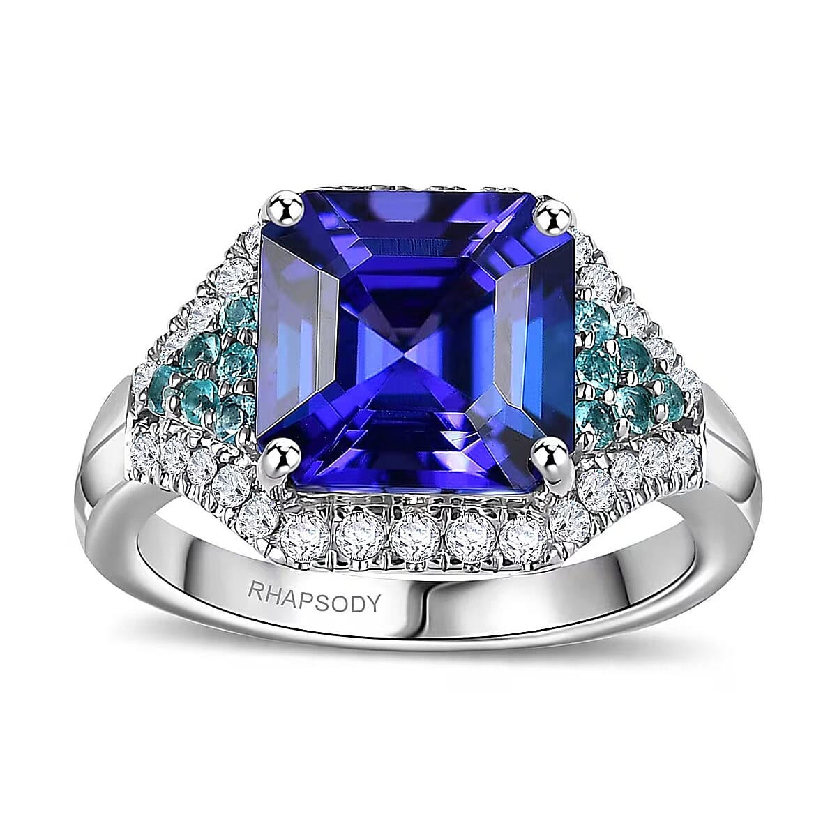 Certified & Appraised Rhapsody AAAA Tanzanite, Paraiba Tourmaline and E-F VS2 Diamond 4.37 ctw Ring in 950 Platinum (Size 8.0) 7.50 Grams image number 0