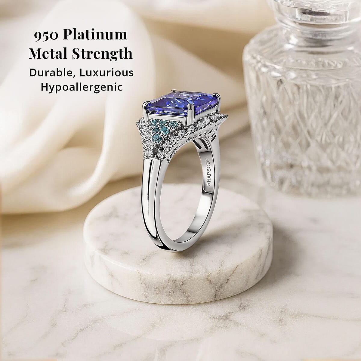 Certified & Appraised Rhapsody AAAA Tanzanite, Paraiba Tourmaline and E-F VS2 Diamond 4.37 ctw Ring in 950 Platinum (Size 8.0) 7.50 Grams image number 2