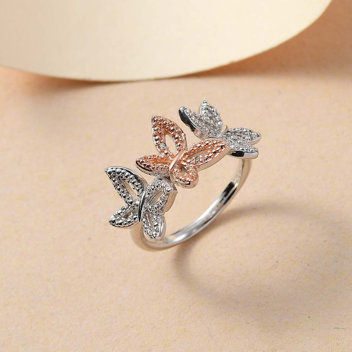 Karis Natural Champagne Diamond Accent Butterfly Ring in 18K RG Plated and Platinum Bond (Size 10.0) image number 1