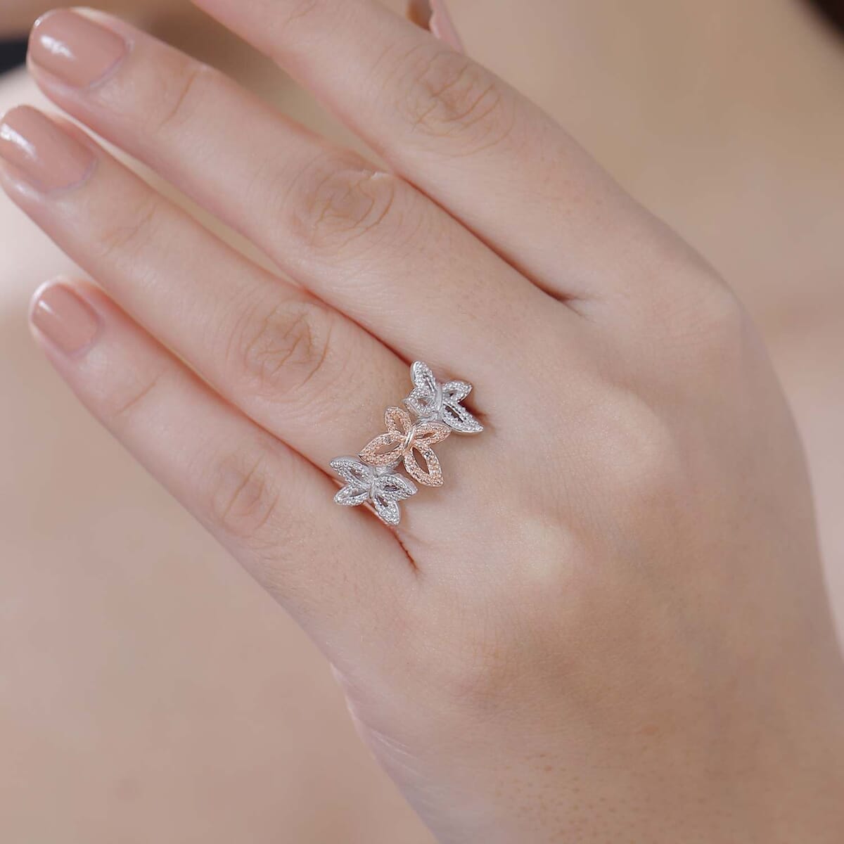 Karis Natural Champagne Diamond Accent Butterfly Ring in 18K RG Plated and Platinum Bond (Size 10.0) image number 2