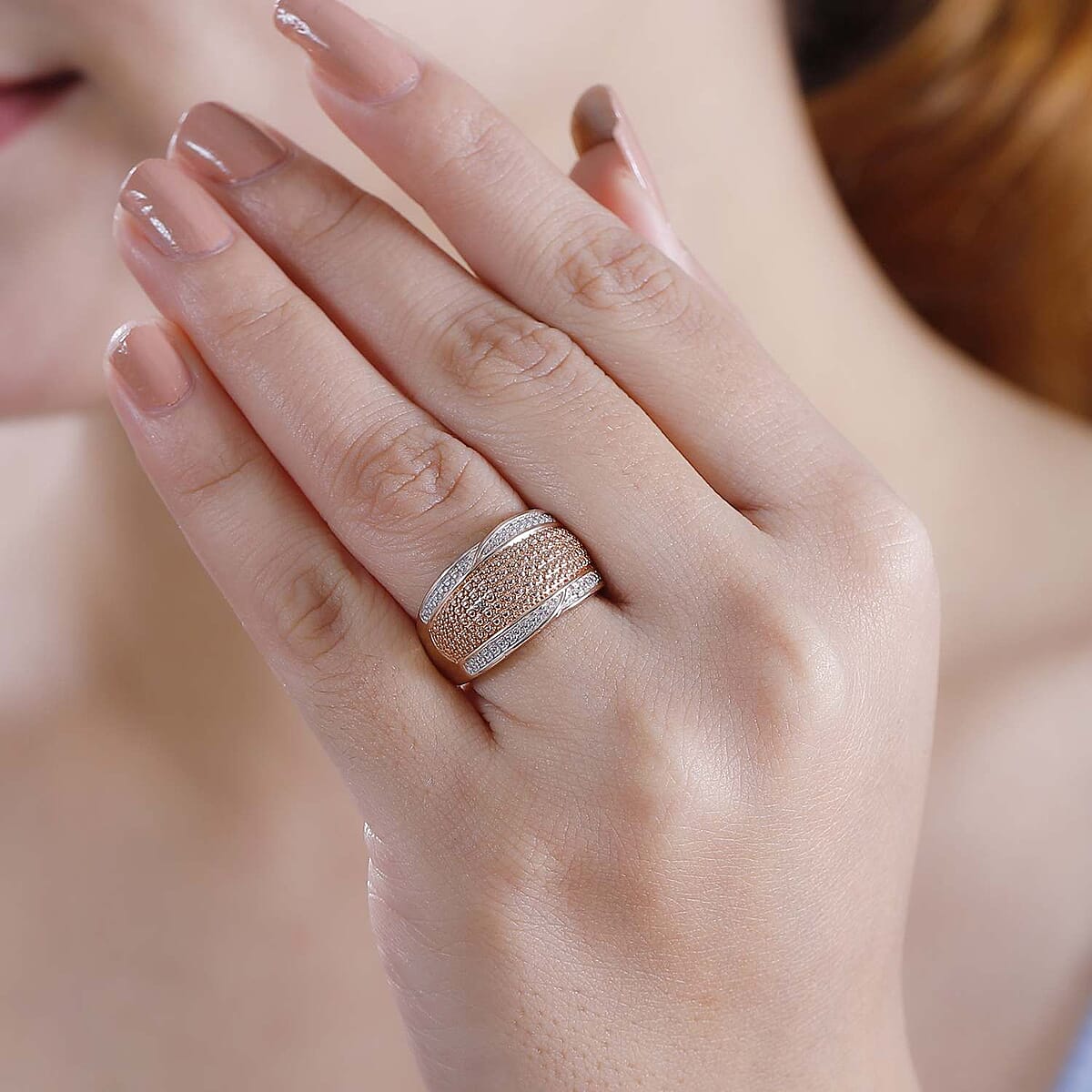 Karis Natural Champagne Diamond Accent Radiant Wave Ring in 18K RG Plated (Size 9.0) image number 2