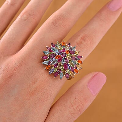 TLV Multi Gemstone Floral Spray Ring in Rhodium Over Sterling Silver (Size 10.0) 6.60 ctw