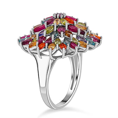 TLV Multi Gemstone Floral Spray Ring in Rhodium Over Sterling Silver (Size 10.0) 6.60 ctw