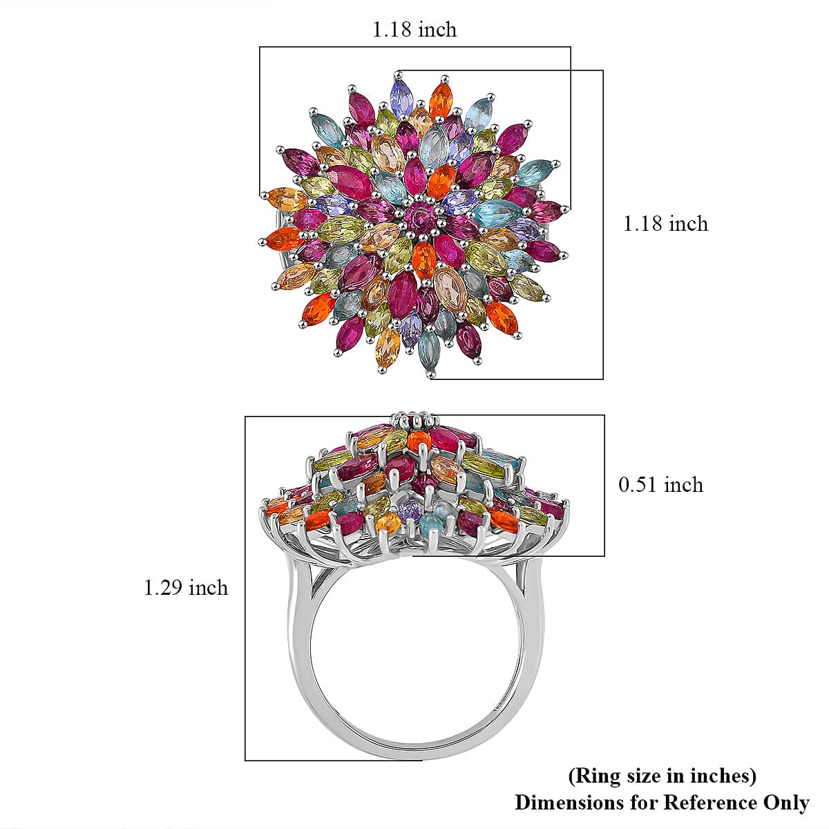TLV Multi Gemstone Floral Spray Ring in Rhodium Over Sterling Silver (Size 10.0) 6.60 ctw