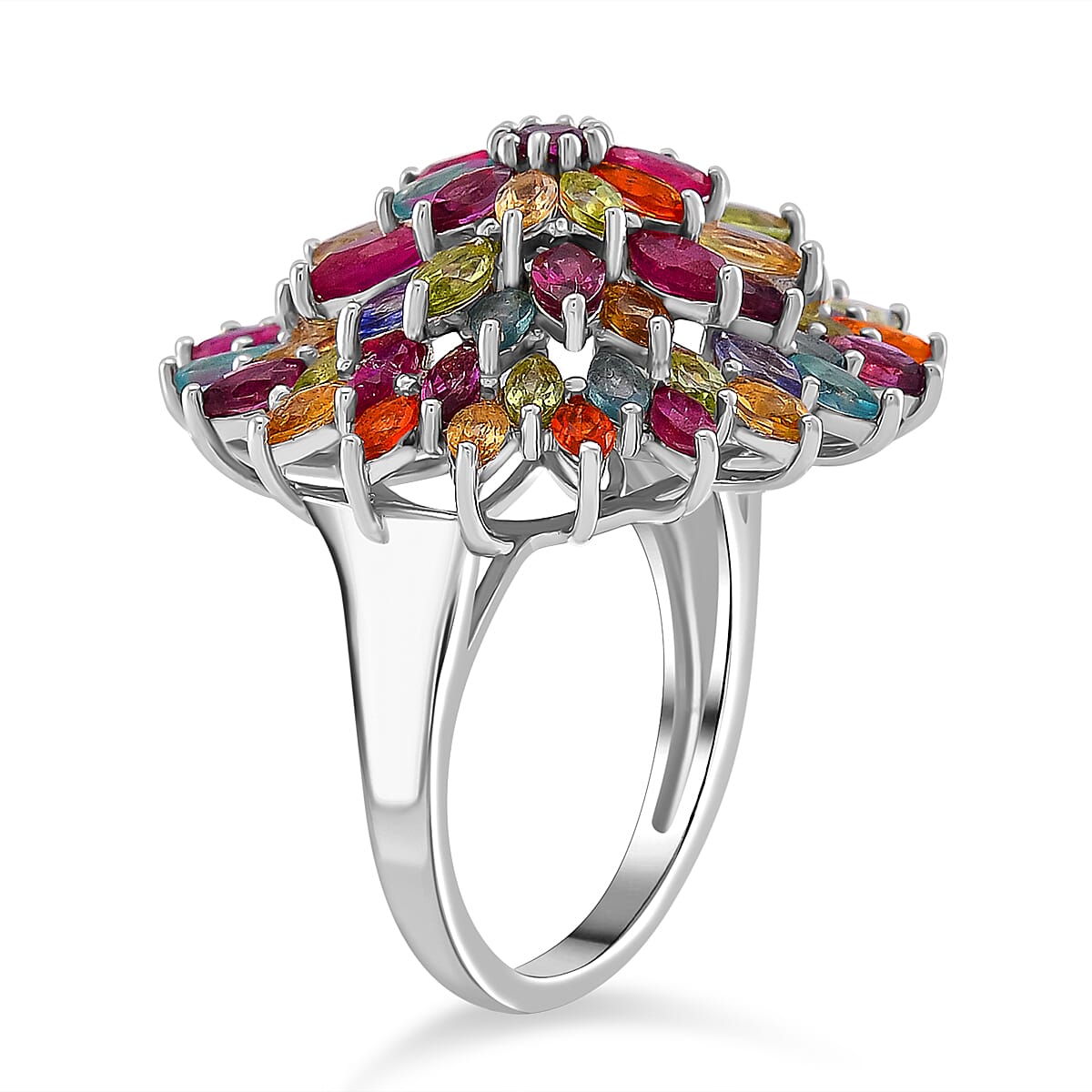 Multi Gemstone Floral Spray Ring in Rhodium Over Sterling Silver (Size 6.0) 6.60 ctw image number 3