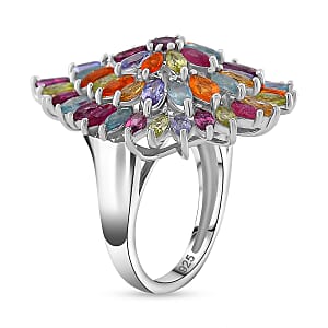 D'Joy Multi Gemstone Floral Spray Ring in Rhodium Over Sterling Silver 5.40 ctw (Size 6.0)