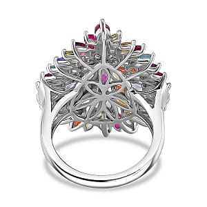 D'Joy Multi Gemstone Floral Spray Ring in Rhodium Over Sterling Silver 5.40 ctw (Size 6.0)