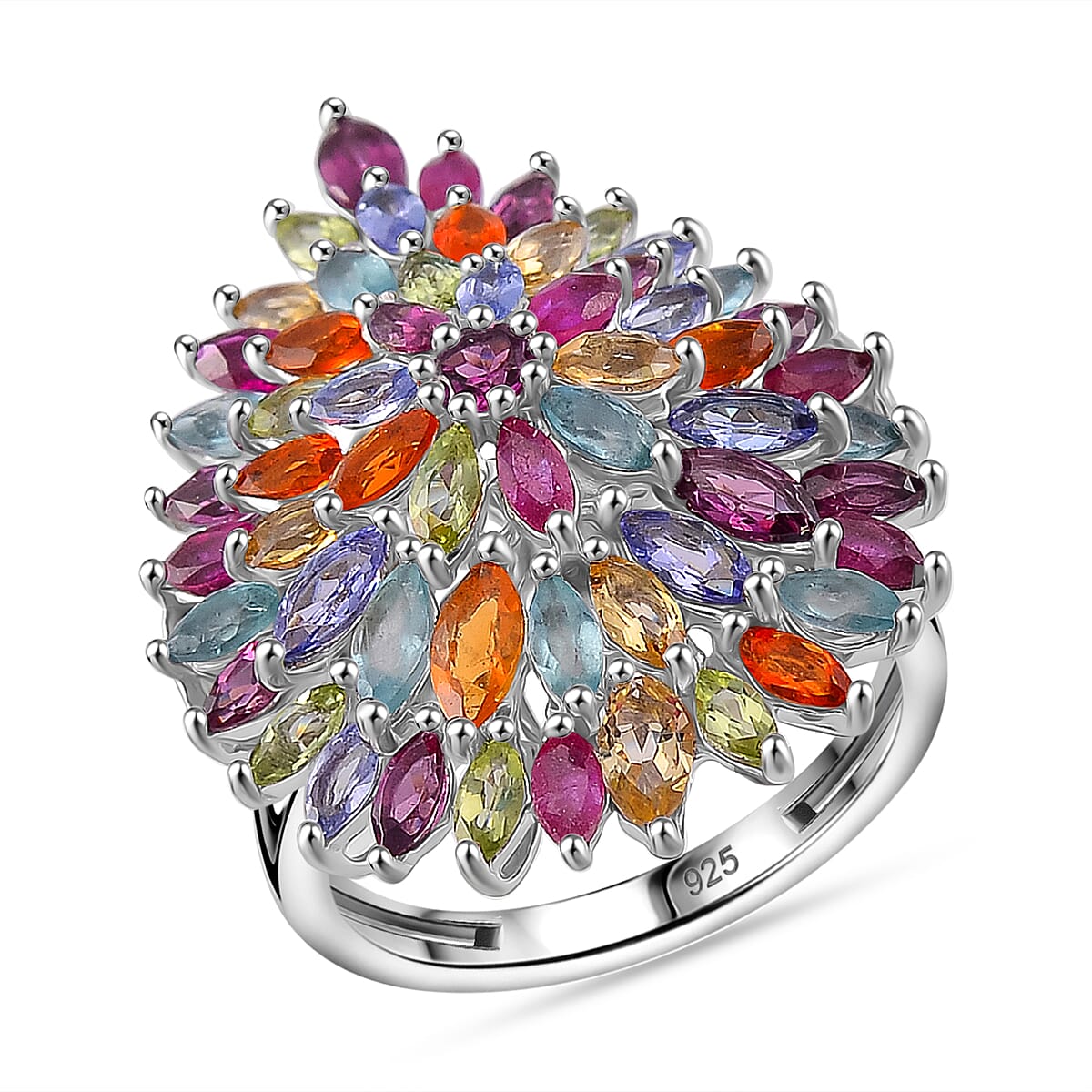 Multi Gemstone 5.40 ctw Floral Spray Ring in Rhodium Over Sterling Silver (Size 9.0) image number 0