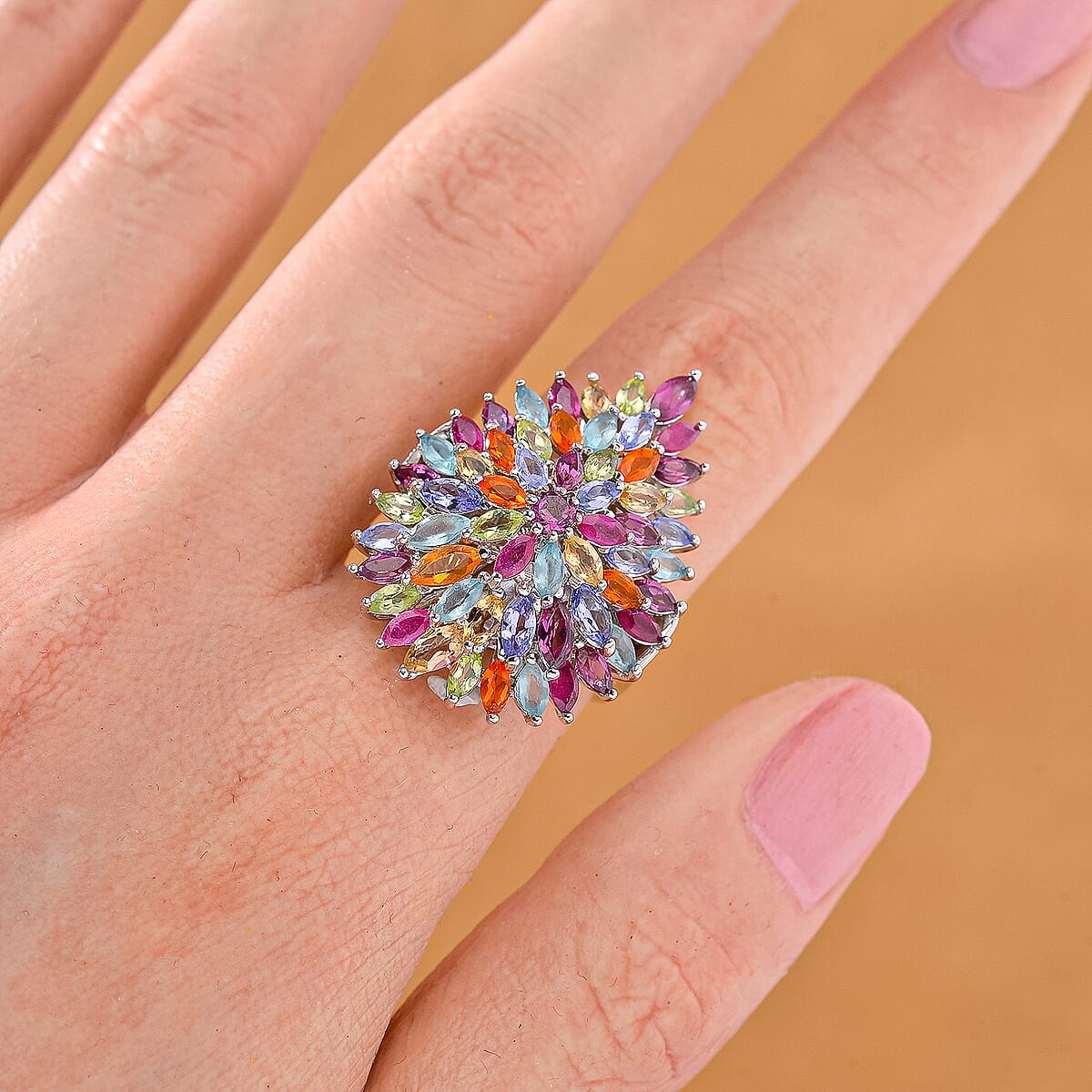 Multi Gemstone 5.40 ctw Floral Spray Ring in Rhodium Over Sterling Silver (Size 9.0) image number 1