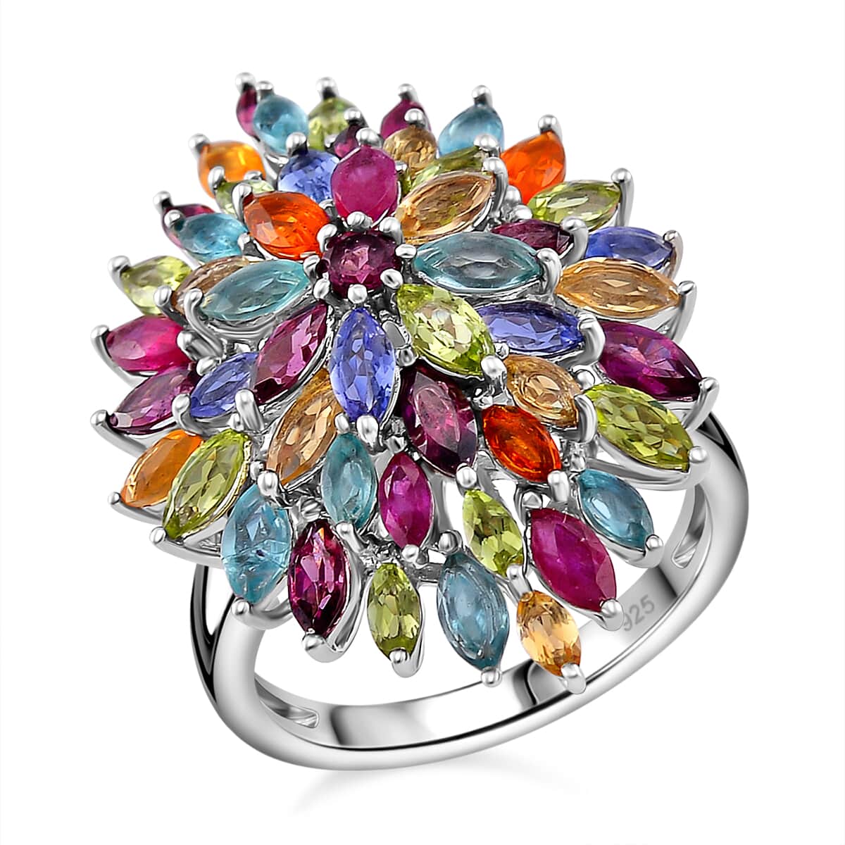 Multi Gemstone 6.50 ctw Floral Spray Ring in Rhodium Over Sterling Silver (Size 10.0) image number 0