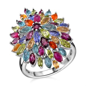 Multi Gemstone 6.50 ctw Floral Spray Ring in Rhodium Over Sterling Silver (Size 5.0)