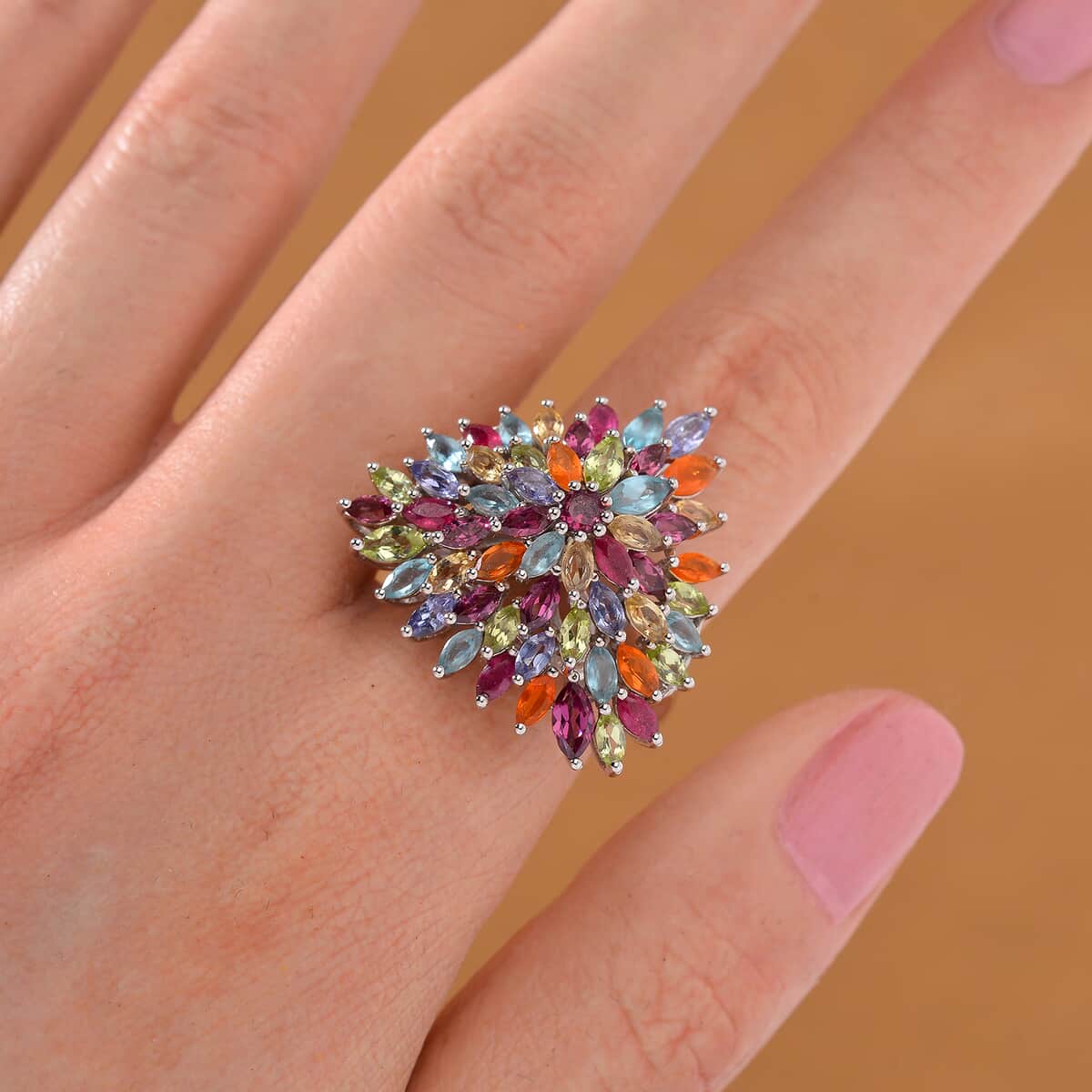 Multi Gemstone 5.15 ctw Floral Spray Ring in Rhodium Over Sterling Silver (Size 8.0) image number 1