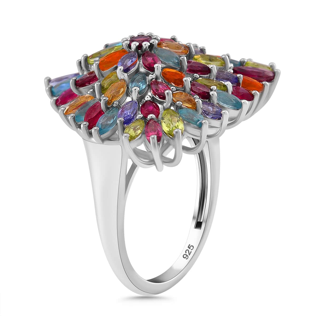 Multi Gemstone 5.15 ctw Floral Spray Ring in Rhodium Over Sterling Silver (Size 8.0) image number 2