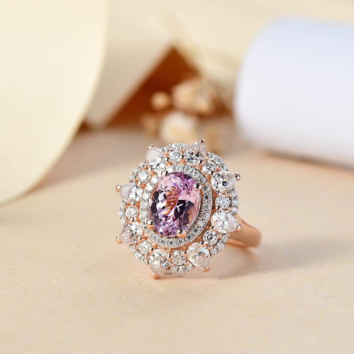 Premium Martha Rocha Kunzite, Moissanite Ring in 18K Vermeil RG Over Sterling Silver (Size 10.0) 4.20 ctw image number 1