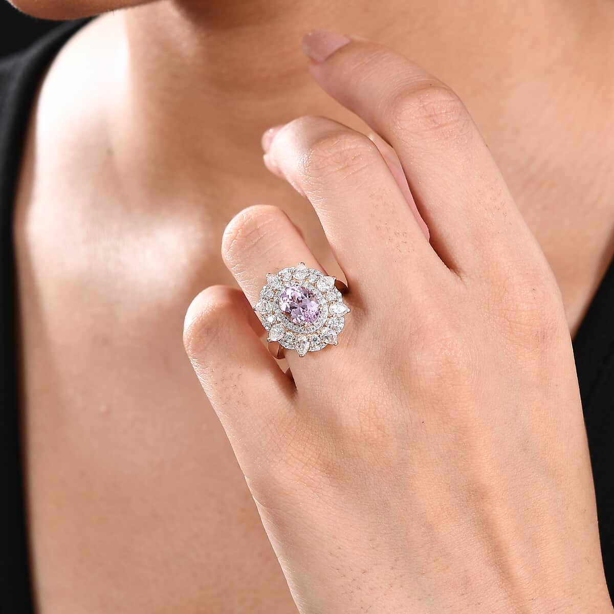 Martha Rocha Kunzite and Moissanite 4.20 ctw Celtic Love Knot Ring in 18K Vermeil Rose Gold Over Sterling Silver (Size 6.0) image number 2