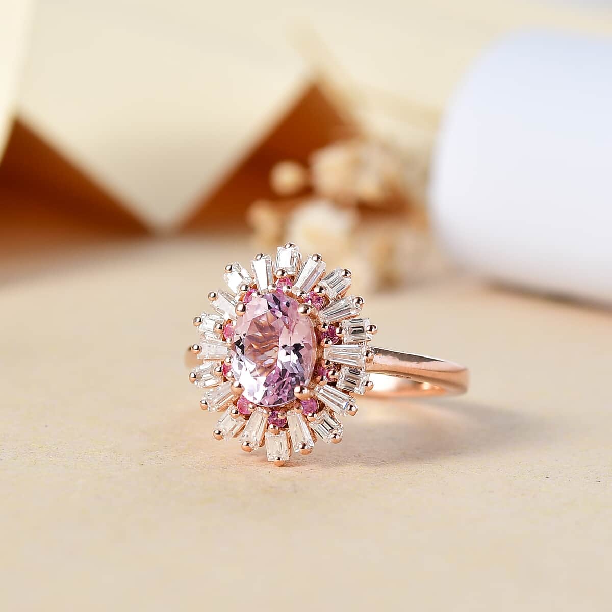 Martha Rocha Kunzite ,  Pink Sapphire ,  Moissanite  Main Stone With Side Stone Ring in 18K RG Vermeil Sterling Silver 2.21 ctw ,  Silver Wt. 5 g image number 1