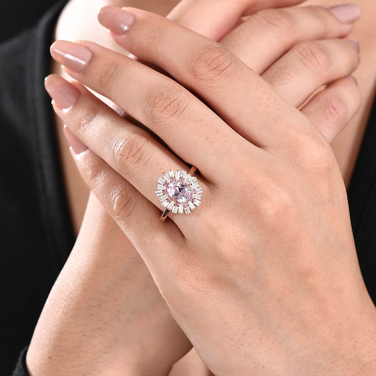 Martha Rocha Kunzite ,  Pink Sapphire ,  Moissanite  Main Stone With Side Stone Ring in 18K RG Vermeil Sterling Silver 2.21 ctw ,  Silver Wt. 5 g image number 2