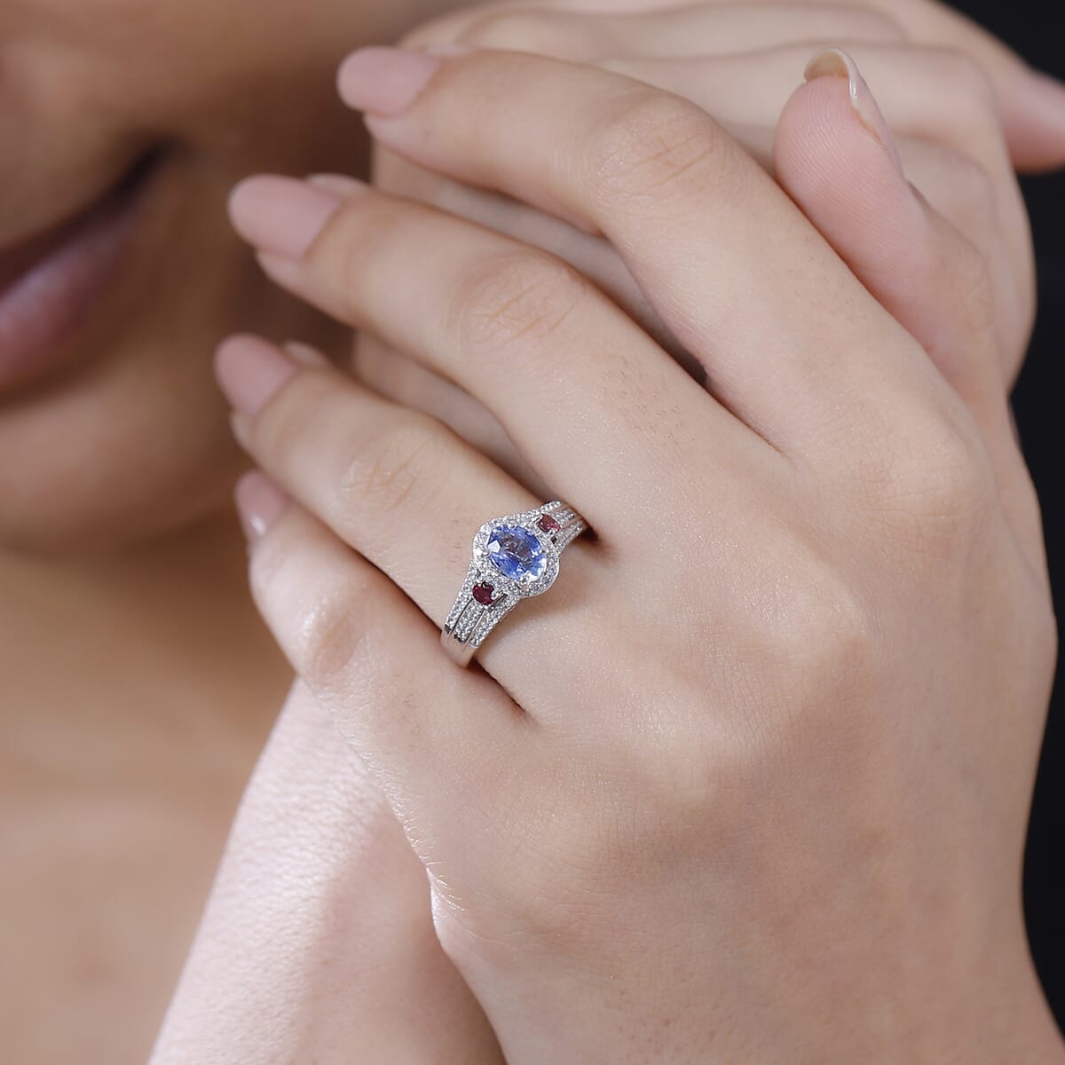 Ceylon Blue Sapphire and Multi Gemstone 1.75 ctw Mystic Twilight Ring in Rhodium Over Sterling Silver (Size 6.0) image number 2