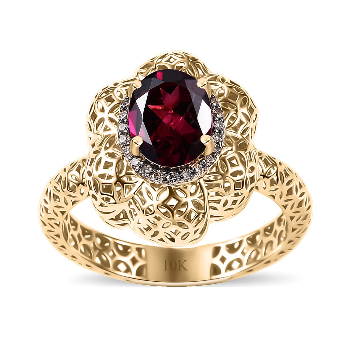 Mirage Collection Luxoro AAA Radiant Ember Garnet and Natural Champagne Diamond 1.50 ctw Vintage Floral Filigree Ring in 10K Yellow Gold (Size 6.0) image number 0