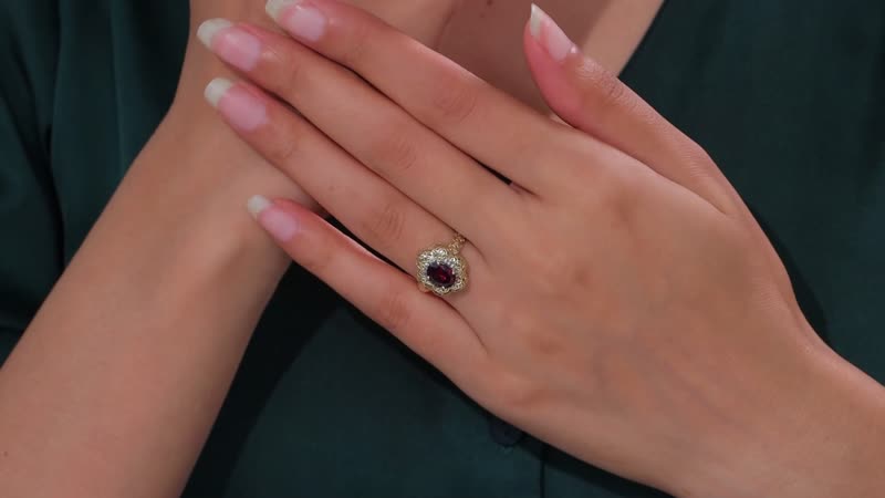 Mirage Collection Luxoro AAA Radiant Ember Garnet and Natural Champagne Diamond 1.50 ctw Vintage Floral Filigree Ring in 10K Yellow Gold