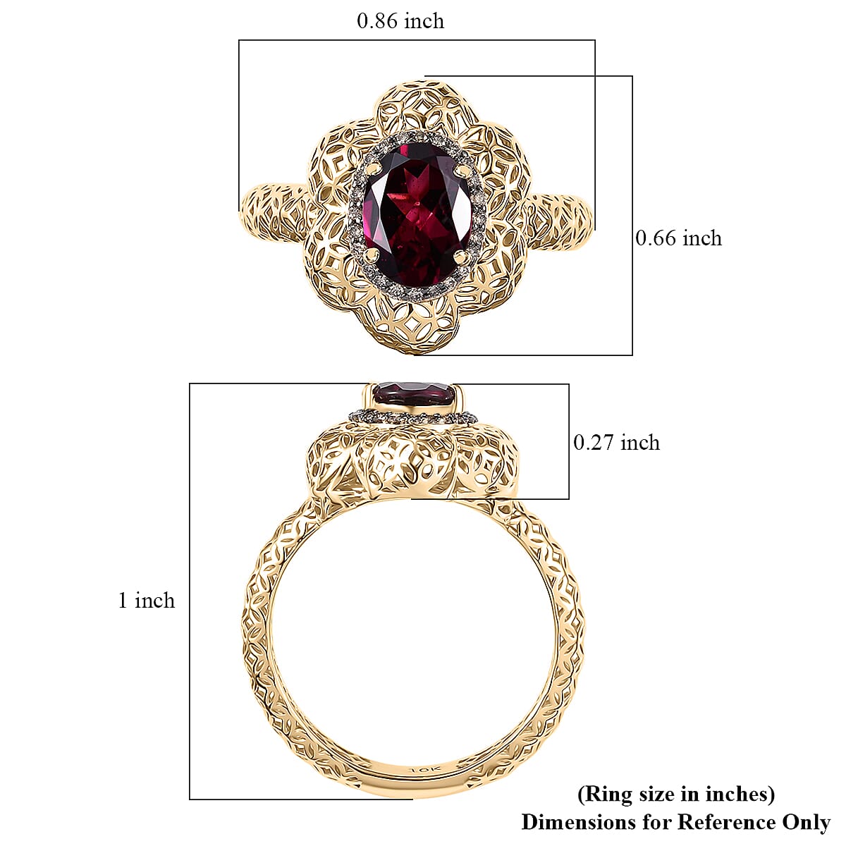Mirage Collection Luxoro AAA Radiant Ember Garnet and Natural Champagne Diamond 1.50 ctw Vintage Floral Filigree Ring in 10K Yellow Gold (Size 6.0) image number 5