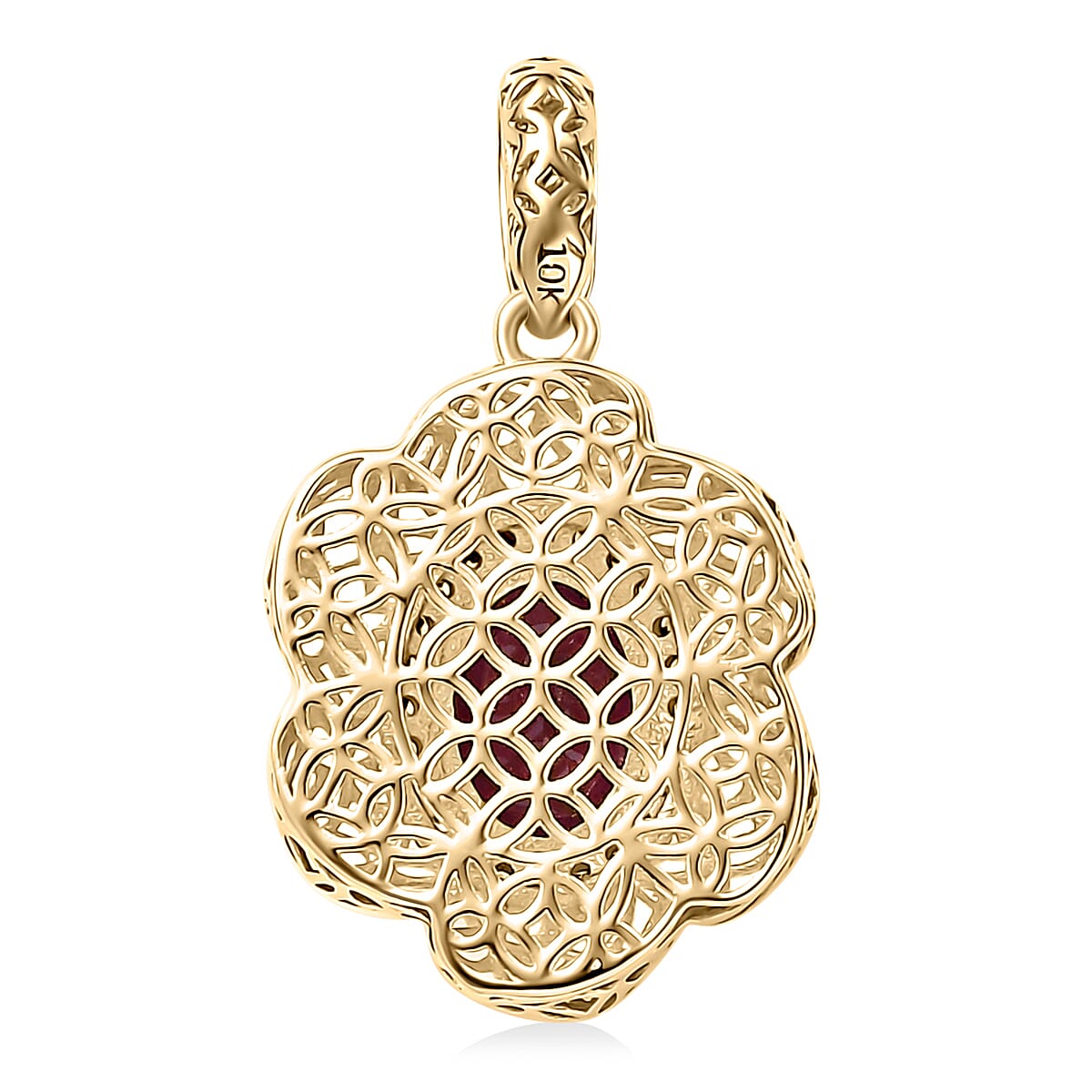 Mirage Collection Luxoro AAA Radiant Ember Garnet and Natural Champagne Diamond 1.50 ctw Vintage Floral Filigree Pendant in 10K Yellow Gold