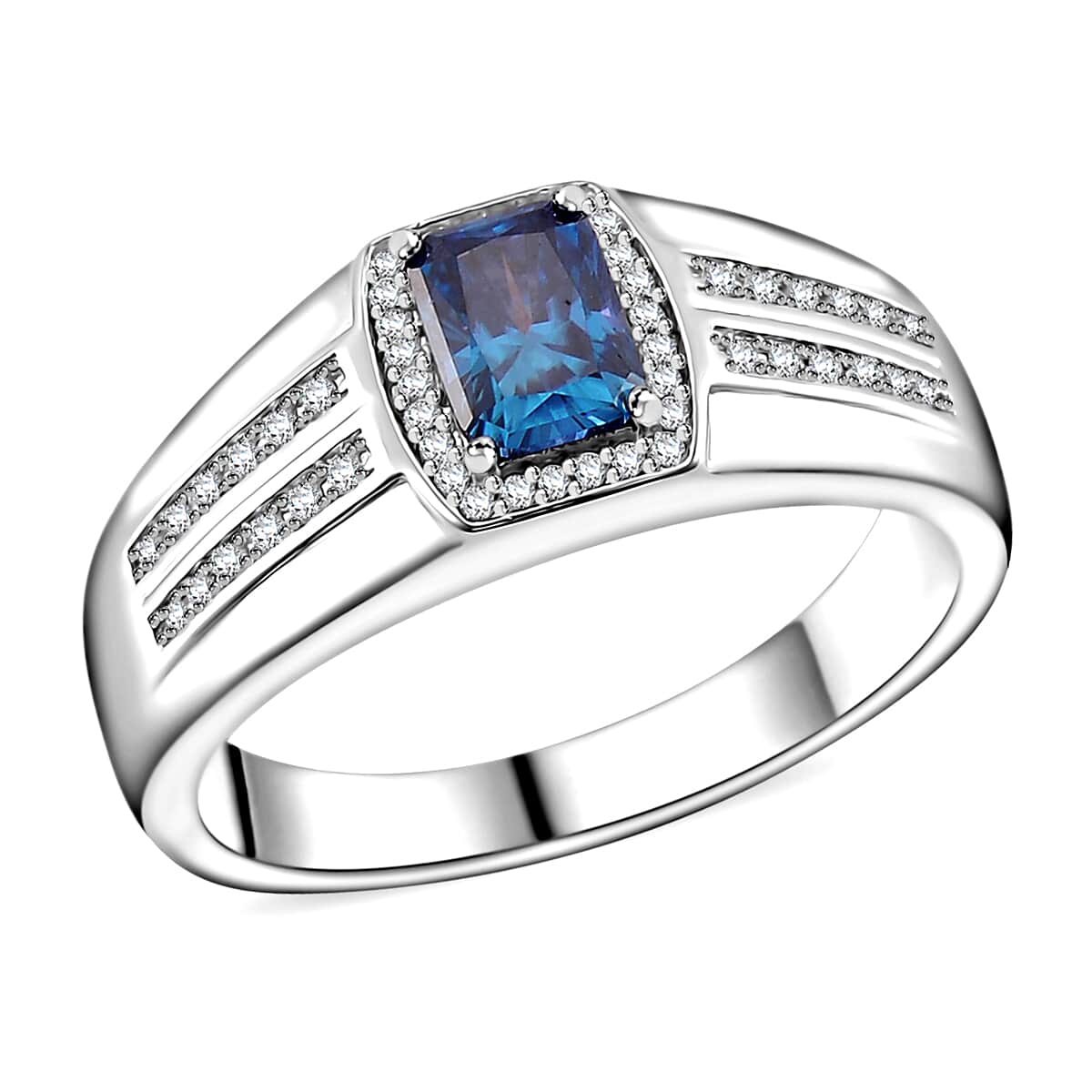 Sapphire Blue and White Moissanite 1.15 ctw Men's Ring in Rhodium Over Sterling Silver (Size 10.0) image number 0