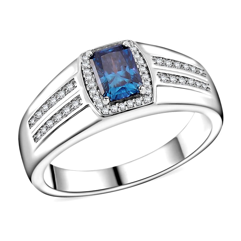 Sapphire Blue and White Moissanite 1.15 ctw Men's Ring in Rhodium Over Sterling Silver (Size 10.0)