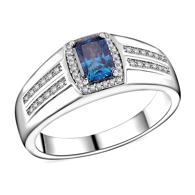 Sapphire Blue and White Moissanite 1.15 ctw Men's Ring in Rhodium Over Sterling Silver (Size 10.0)