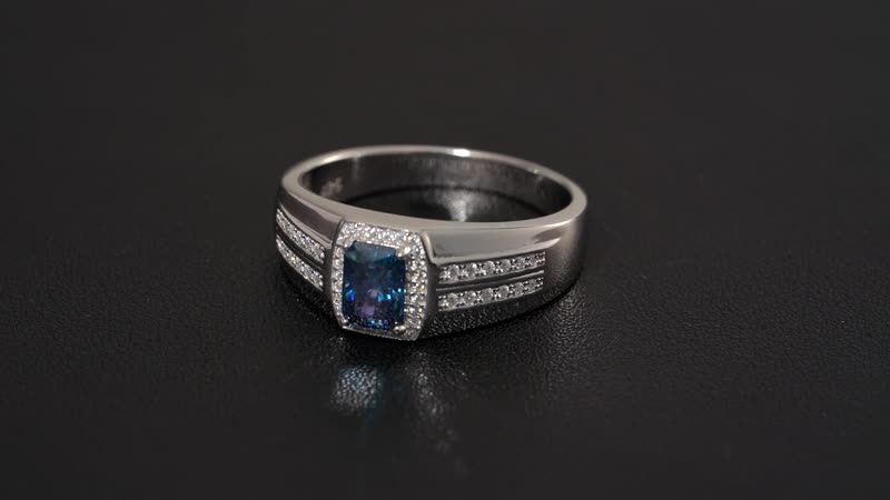 Sapphire Blue Moissanite (Oct 7x5mm), Moissanite Men's Ring in Rhodium Over Sterling Silver (Size 10.0) 1.15 ctw