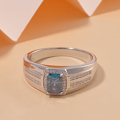 Sapphire Blue and White Moissanite 1.15 ctw Men's Ring in Rhodium Over Sterling Silver (Size 10.0)