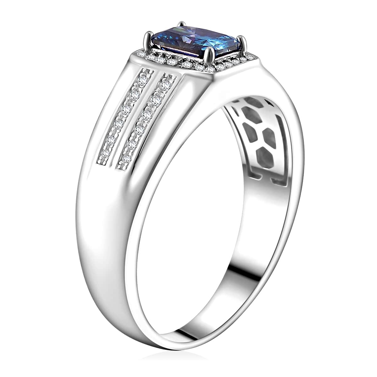 Sapphire Blue and White Moissanite 1.15 ctw Men's Ring in Rhodium Over Sterling Silver (Size 10.0) image number 3