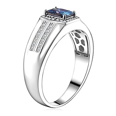 Sapphire Blue and White Moissanite 1.15 ctw Men's Ring in Rhodium Over Sterling Silver (Size 10.0)