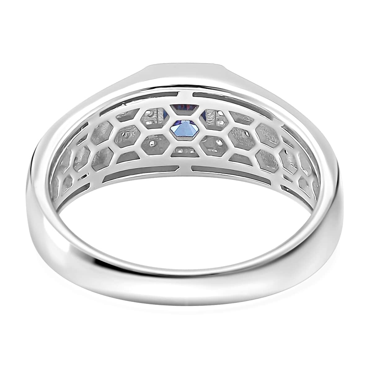 Sapphire Blue and White Moissanite 1.15 ctw Men's Ring in Rhodium Over Sterling Silver (Size 10.0) image number 4