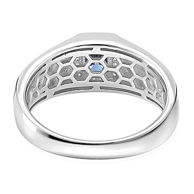 Sapphire Blue and White Moissanite 1.15 ctw Men's Ring in Rhodium Over Sterling Silver (Size 10.0)