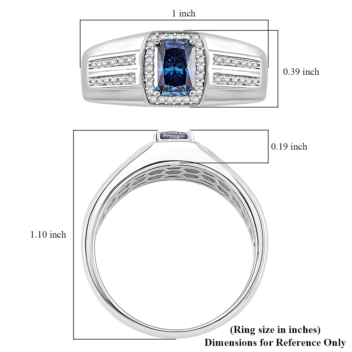 Sapphire Blue and White Moissanite 1.15 ctw Men's Ring in Rhodium Over Sterling Silver (Size 10.0)