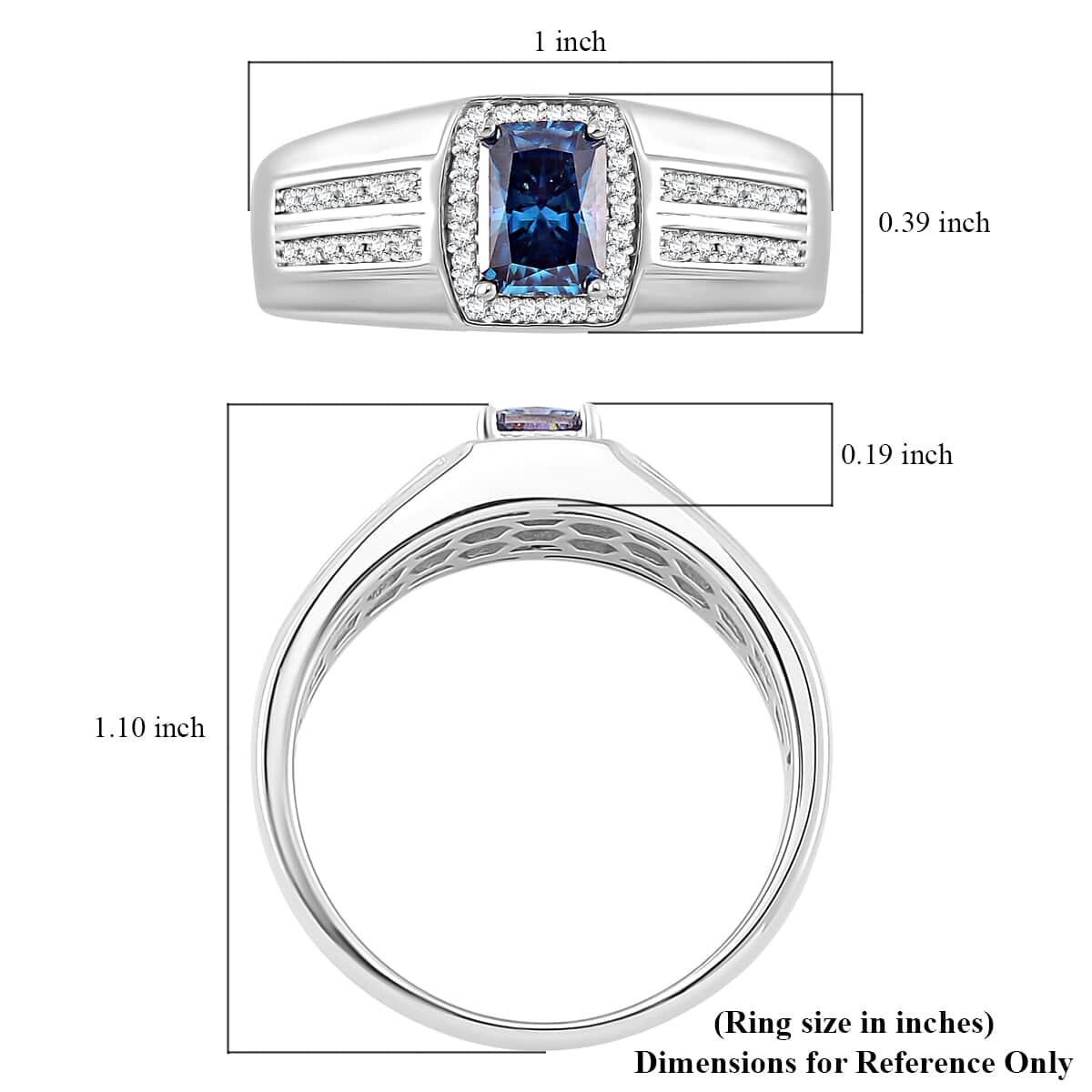 Sapphire Blue and White Moissanite 1.15 ctw Men's Ring in Rhodium Over Sterling Silver (Size 10.0) image number 5