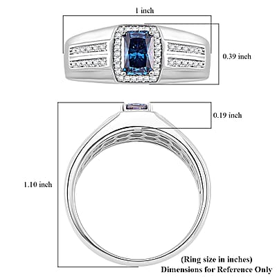 Sapphire Blue and White Moissanite 1.15 ctw Men's Ring in Rhodium Over Sterling Silver (Size 10.0)