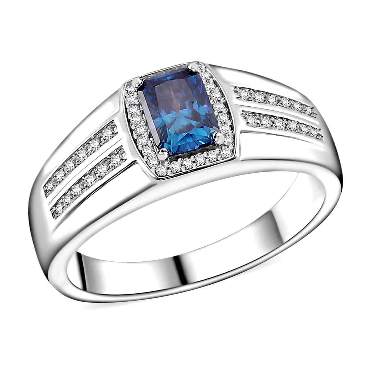 Sapphire Blue and White Moissanite 1.15 ctw Men's Ring in Rhodium Over Sterling Silver (Size 12.0) image number 0