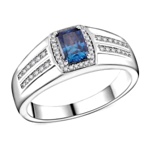 Sapphire Blue and White Moissanite 1.15 ctw Men's Ring in Rhodium Over Sterling Silver (Size 12.0)