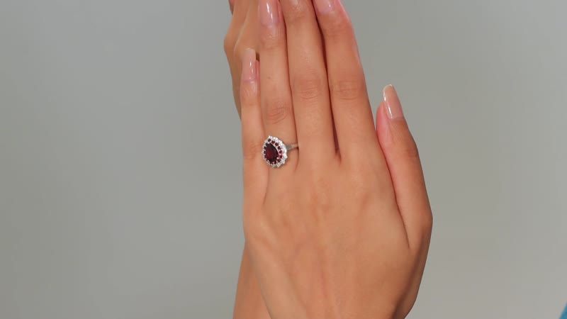 Mozambique Garnet and White Zircon 2.50 ctw Teardrop Halo Ring in Rhodium Over Sterling Silver