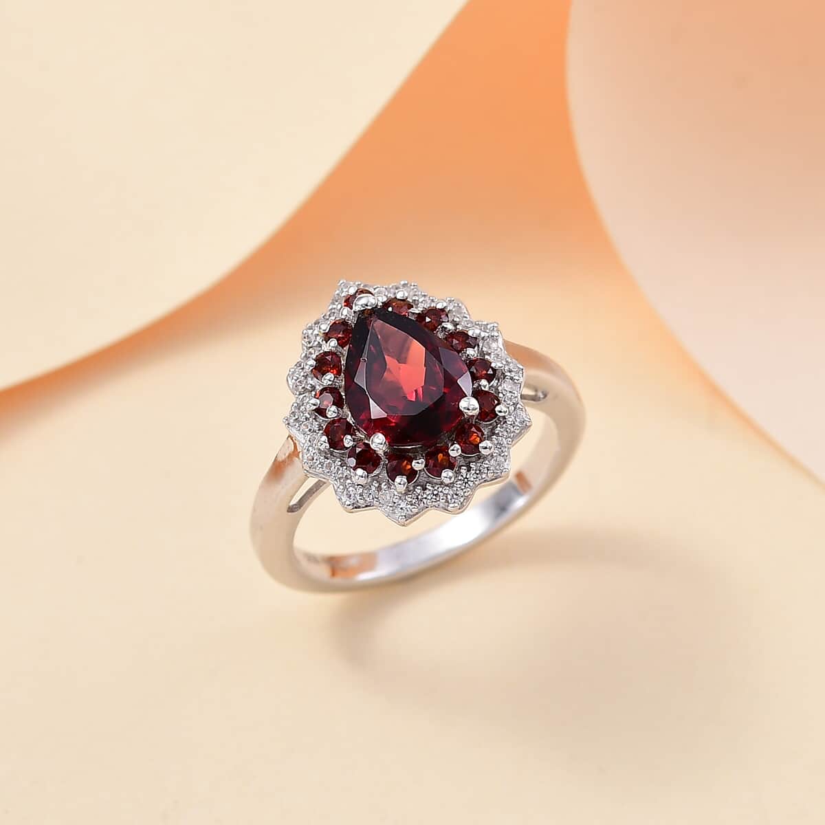 Mozambique Garnet and White Zircon 2.50 ctw Teardrop Halo Ring in Rhodium Over Sterling Silver (Size 10.0) image number 1