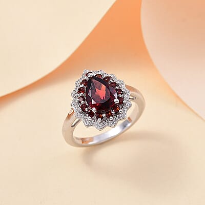 Mozambique Garnet and White Zircon 2.50 ctw Teardrop Halo Ring in Rhodium Over Sterling Silver (Size 10.0)