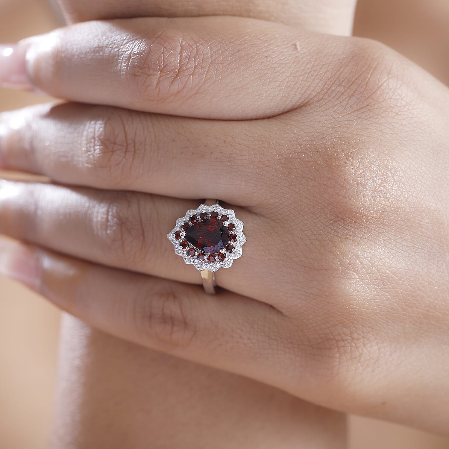 Mozambique Garnet and White Zircon 2.50 ctw Teardrop Halo Ring in Rhodium Over Sterling Silver (Size 10.0)