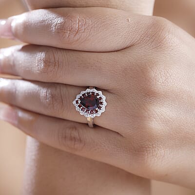 Mozambique Garnet and White Zircon 2.50 ctw Teardrop Halo Ring in Rhodium Over Sterling Silver (Size 10.0)