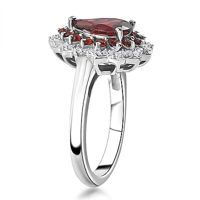 Mozambique Garnet and White Zircon 2.50 ctw Teardrop Halo Ring in Rhodium Over Sterling Silver (Size 10.0)