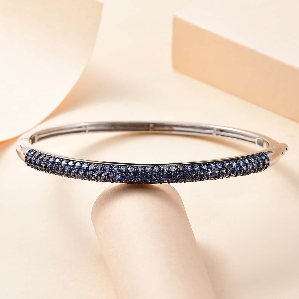 Ceylon Blue Sapphire 4.90 ctw Bangle Bracelet in Rhodium Over Sterling Silver (6.50 In) image number 1