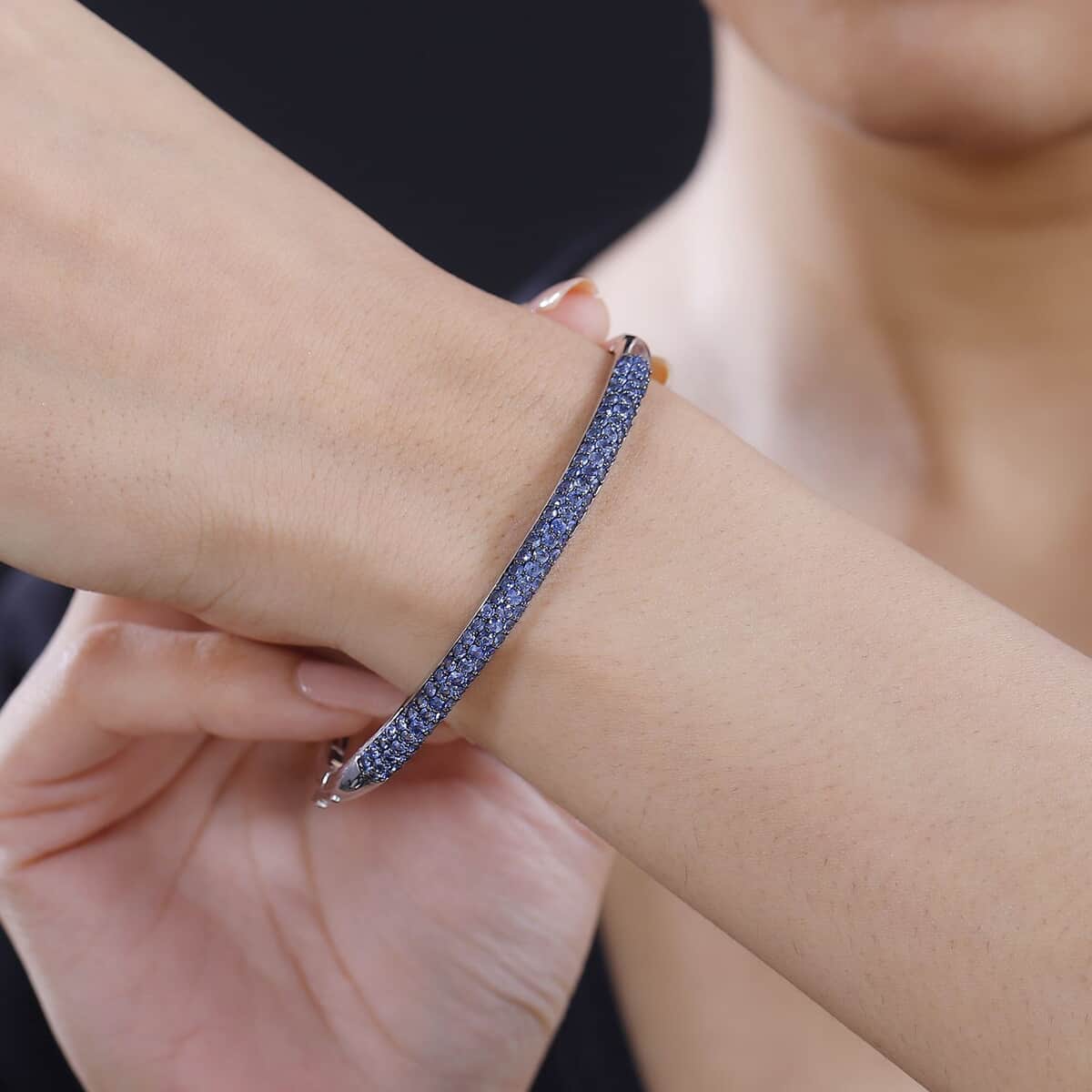 Ceylon Blue Sapphire 4.90 ctw Bangle Bracelet in Rhodium Over Sterling Silver (6.50 In) image number 2