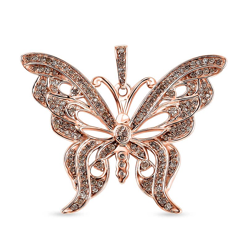 Natural Champagne Diamond 0.50 ctw Butterfly Pendant without Chain in 18K Vermeil Rose Gold Over Sterling Silver