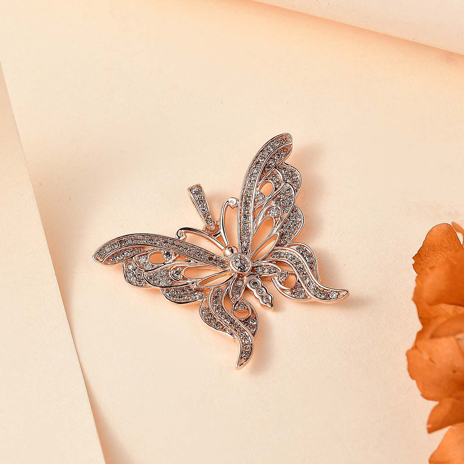 Natural Champagne Diamond 0.50 ctw Butterfly Pendant without Chain in 18K Vermeil Rose Gold Over Sterling Silver